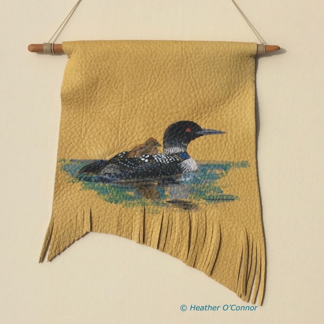 Common Loon with chick on elk hide